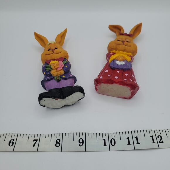 2 Vintage Faux Carved Wood His and Her Easter Bunny Resin Figurines - Picture 4 of 5